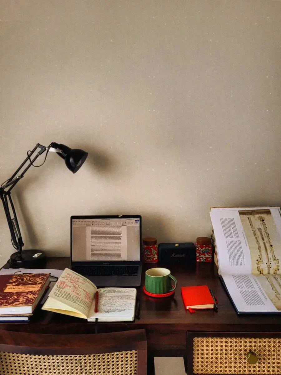 Chic study desk with functional decor elements