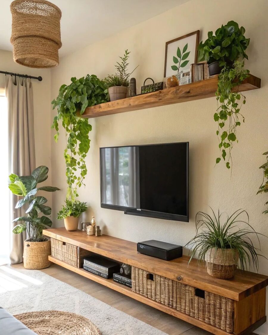 Chic bohemian TV unit with plant accents