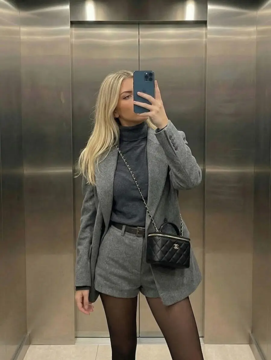 Chic gray blazer paired with tailored shorts