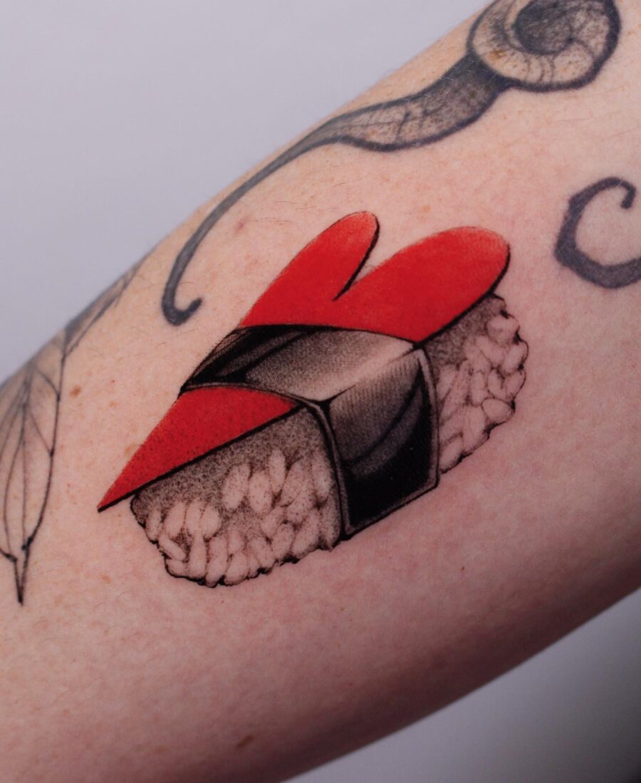 Unique red ink sushi heart tattoo design