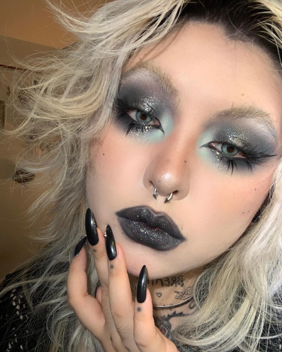 Glittery eyes and bold black lips combine beautifully
