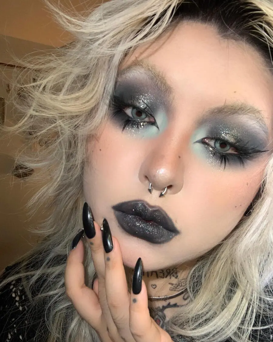Glittery eyes and bold black lips combine beautifully
