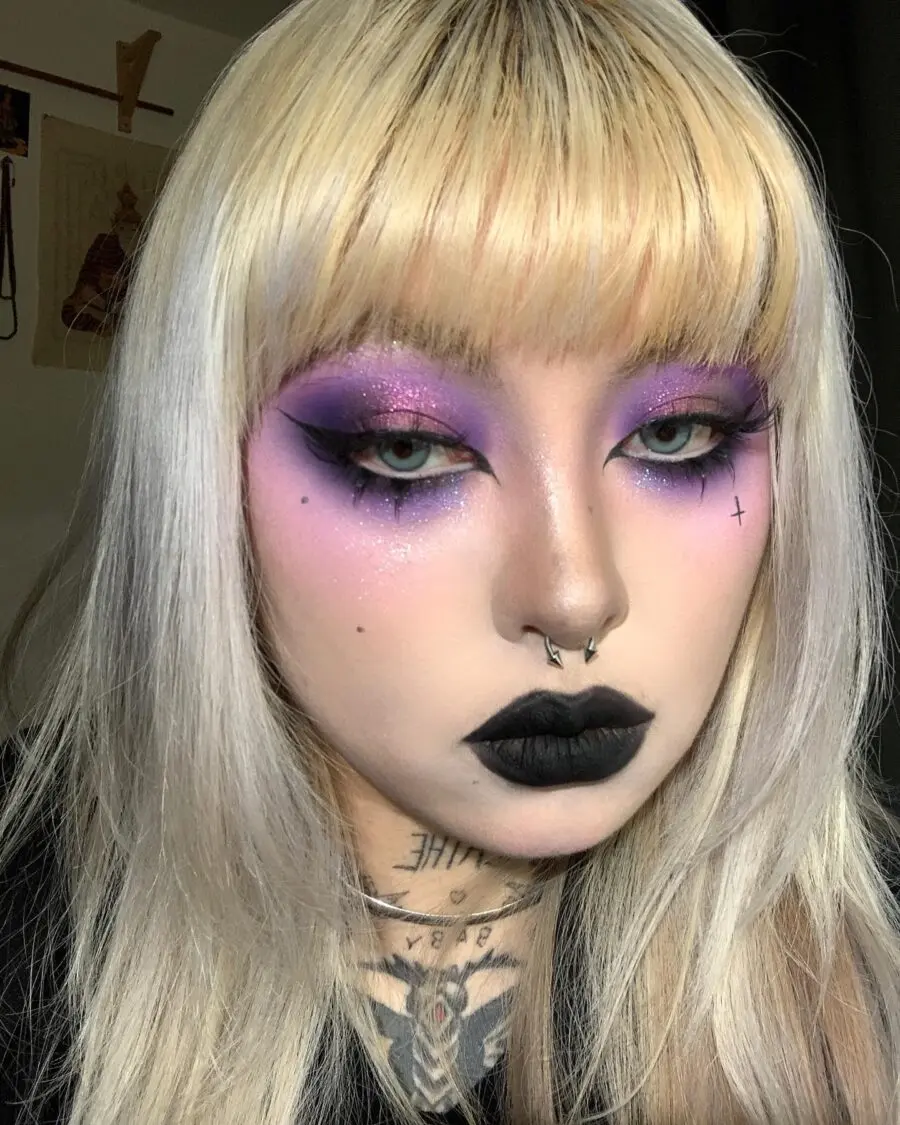 Bold purple glitter and striking black lips