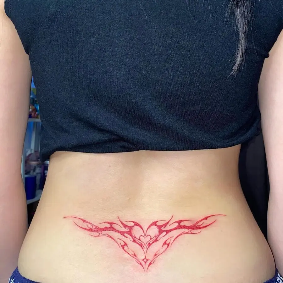 Bold red flame design on the lower back
