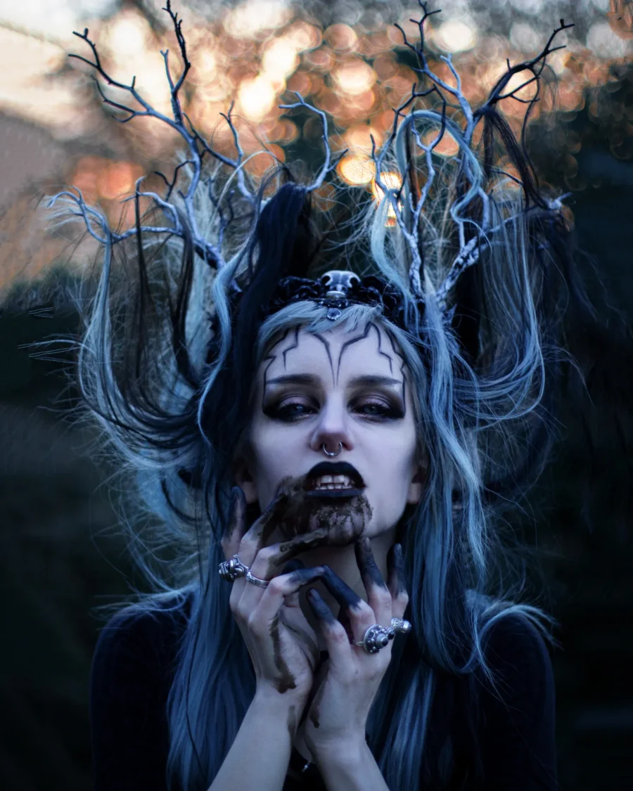 Eerie vampire look with haunting hair and makeup