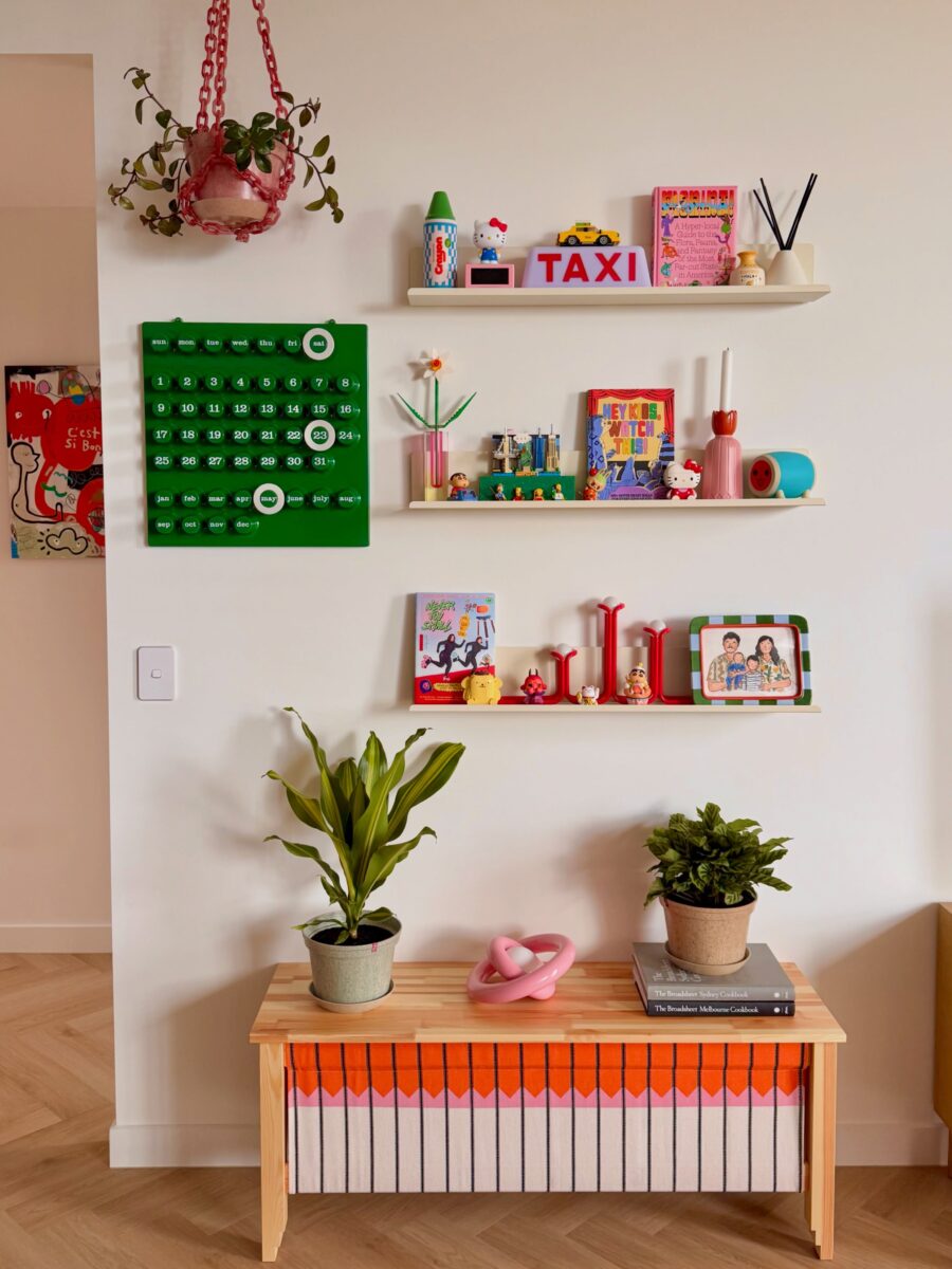 Colorful shelves filled with playful decor elements.