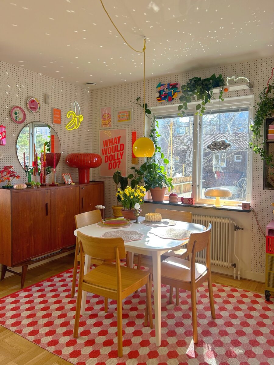 Colorful, vibrant dining area with playful decor