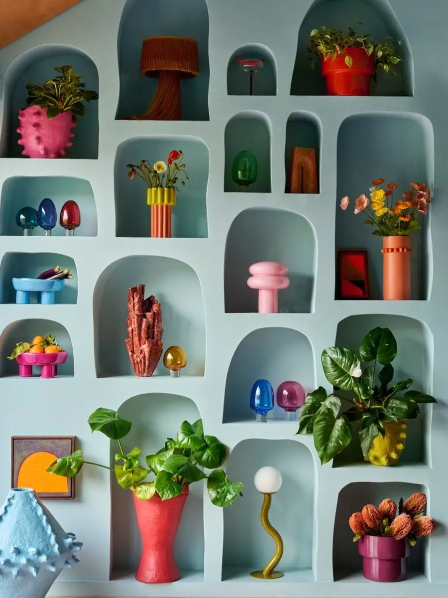 Bright and playful shelving with unique decor pieces