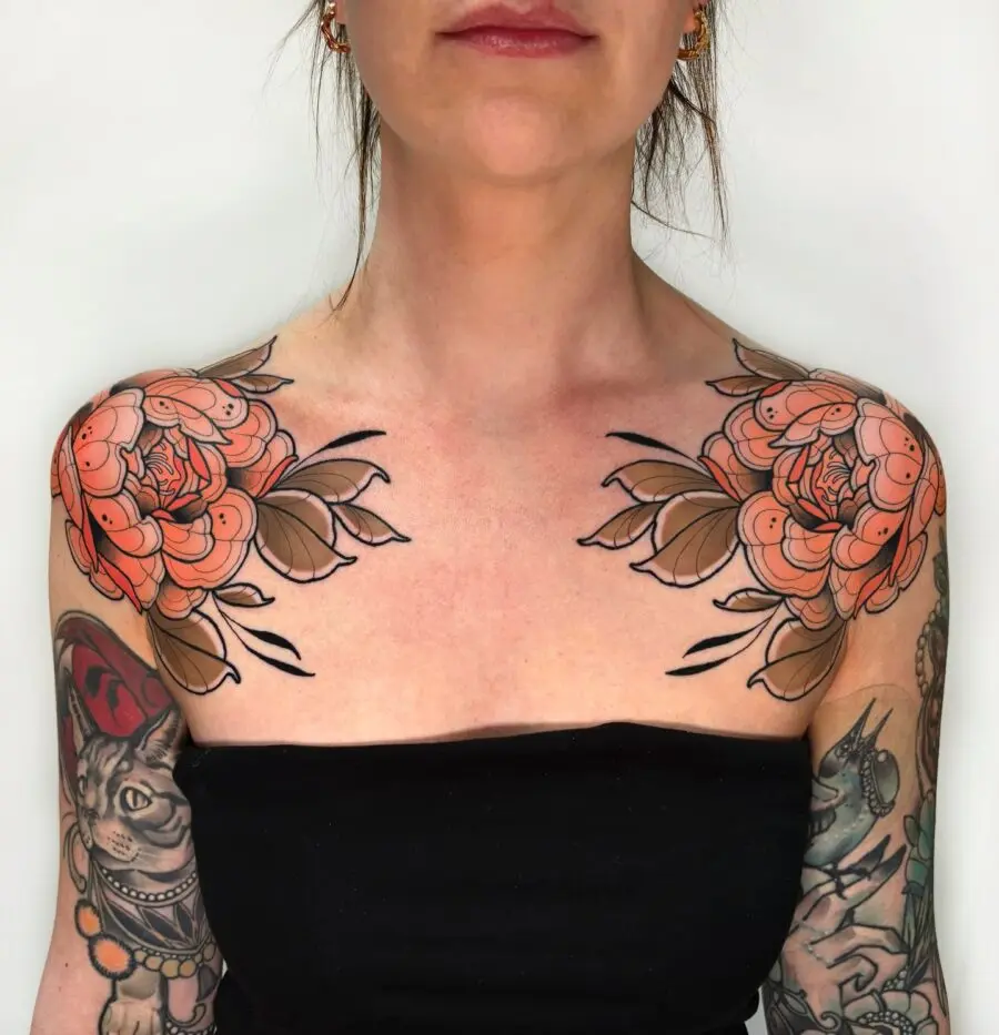 Stunning Neo-Traditional Floral Shoulder Tattoos
