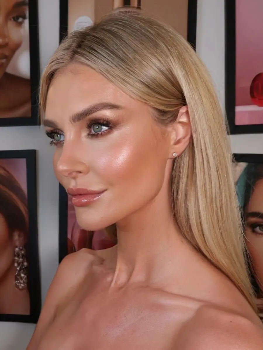 Stunning glam look with glowing skin.