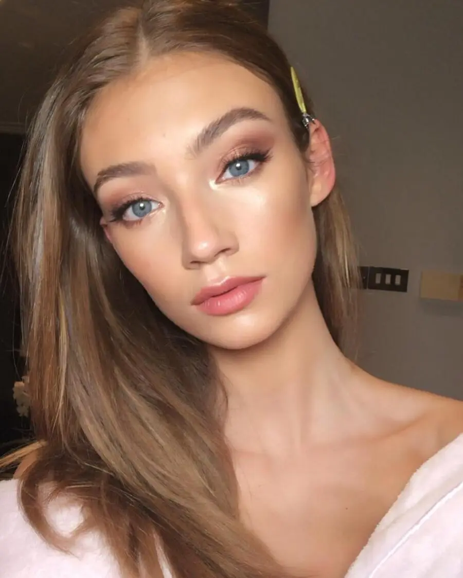 Stunning model showcasing flawless Victoria's Secret makeup