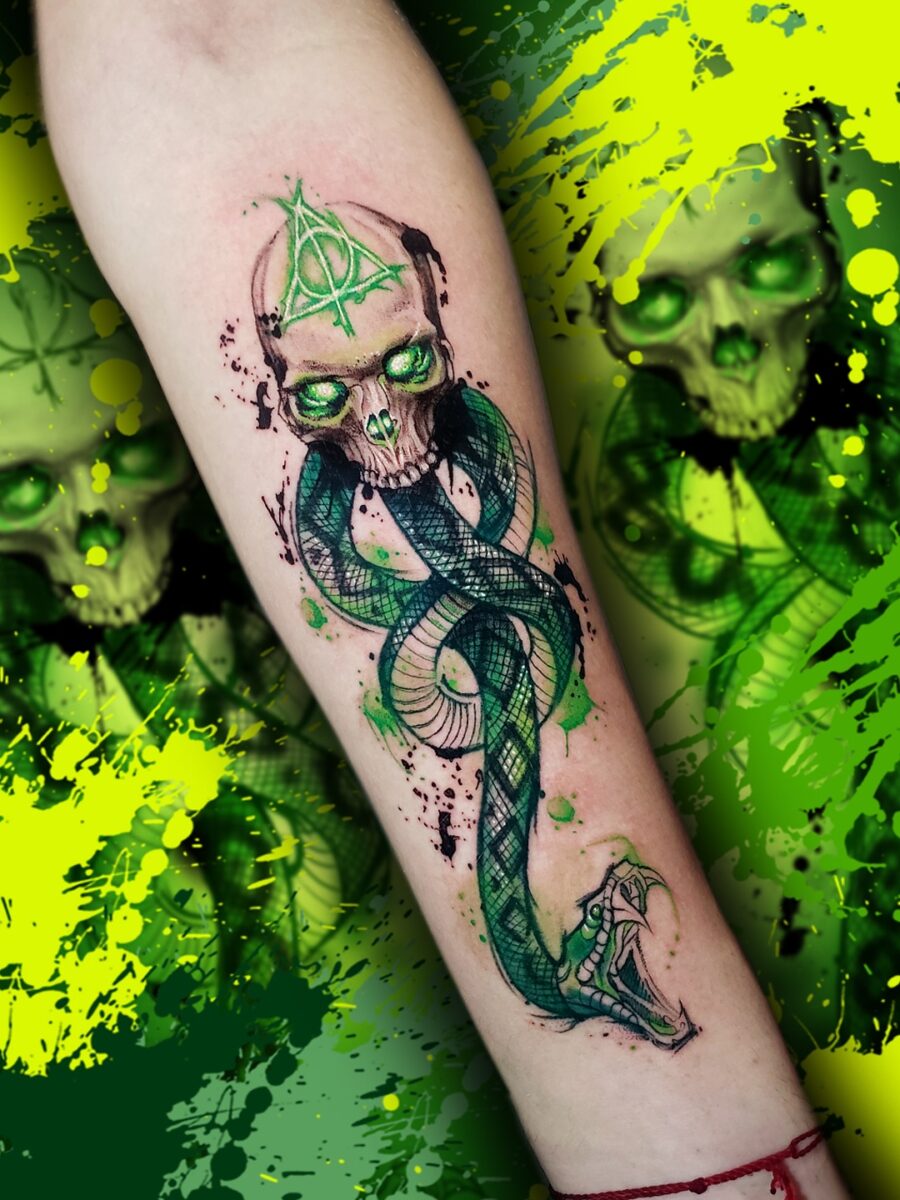 Intense Voldemort Tattoo with Snake and Skull