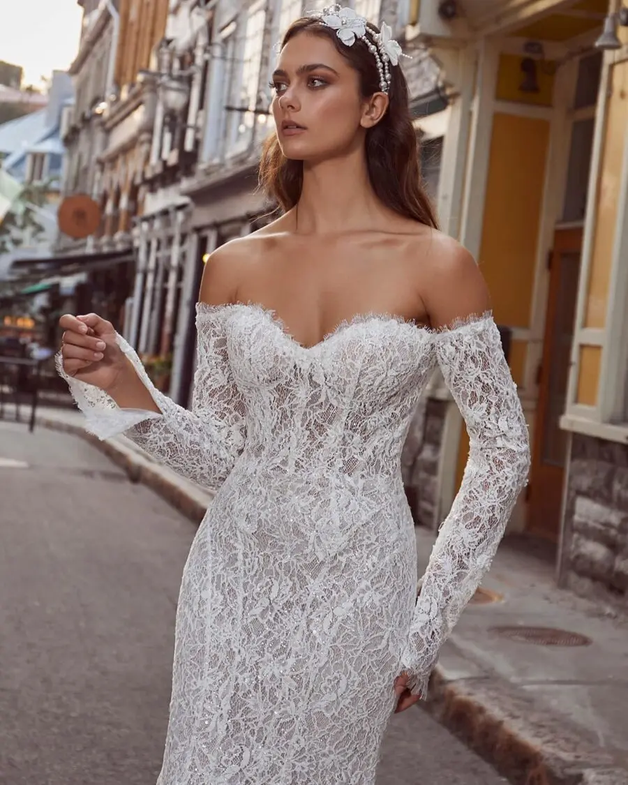 Lace Elegance with Off-Shoulder Sleeves