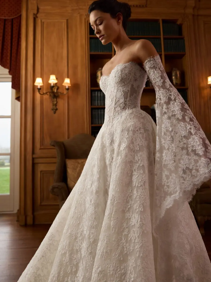 Stunning lace wedding dress with dramatic sleeves