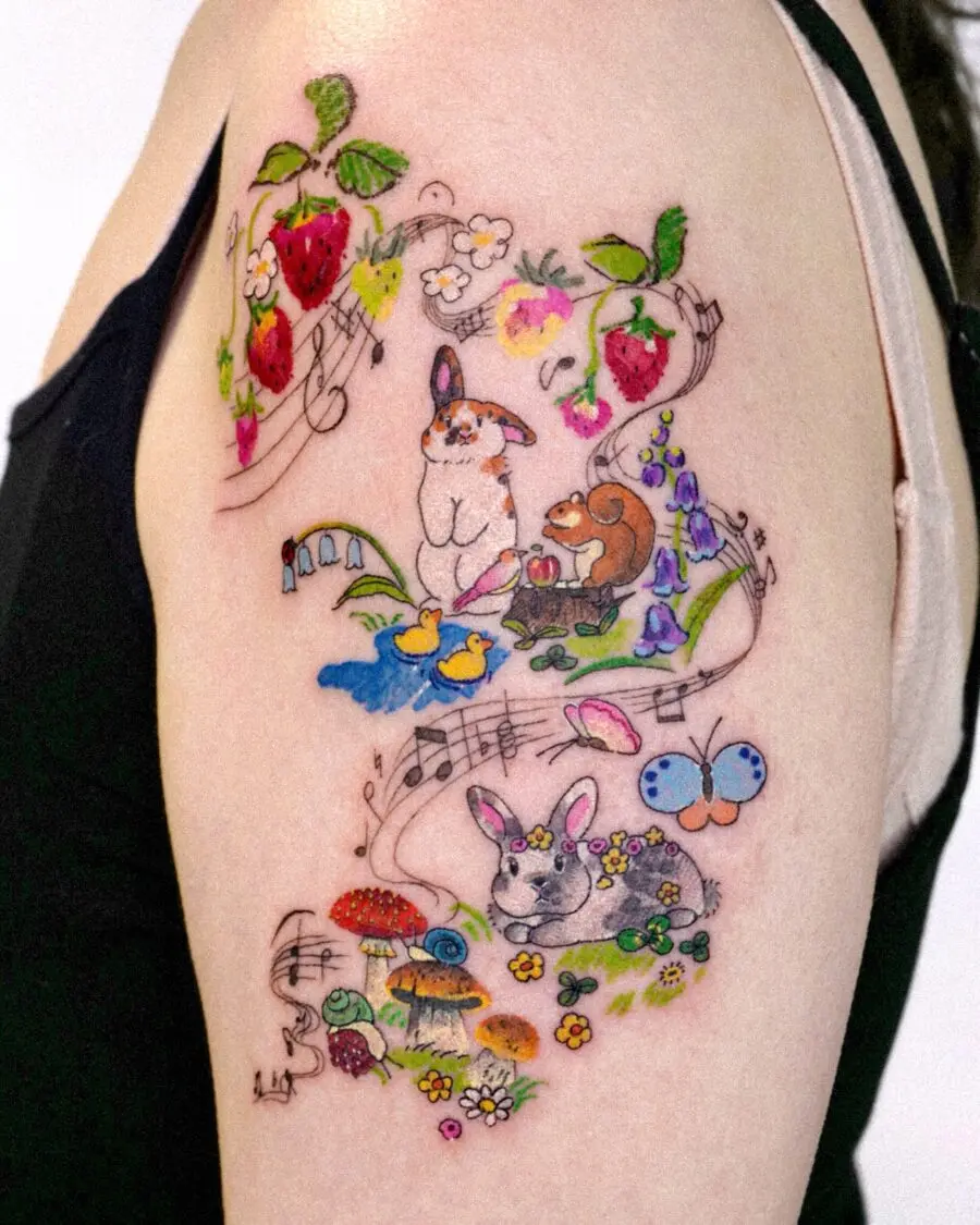 Playful nature-themed whimsical tattoo design