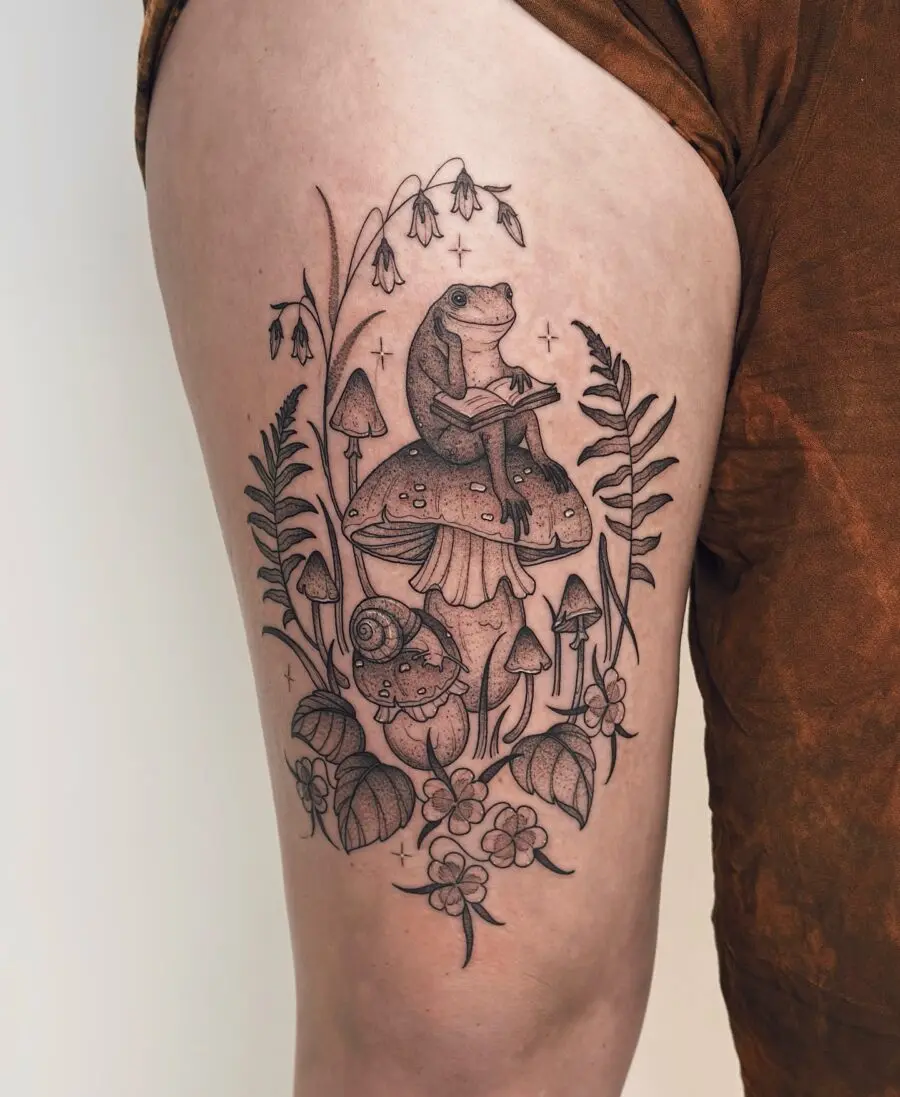 Nature-inspired whimsical tattoo design featuring a frog