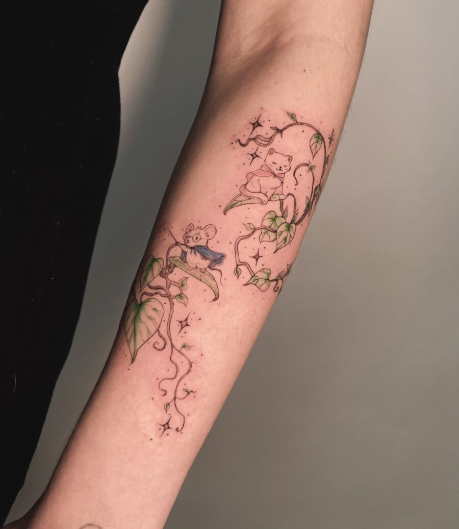 Charming animals entwined with leafy vines