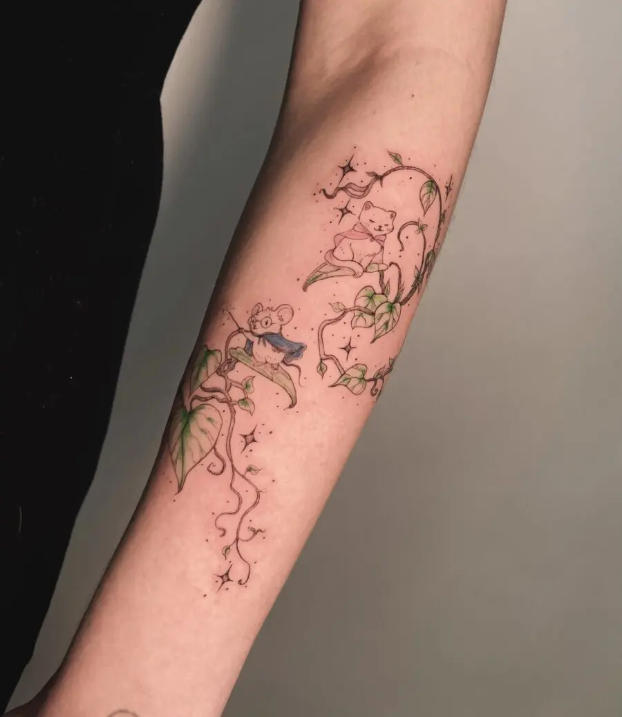 Charming animals entwined with leafy vines