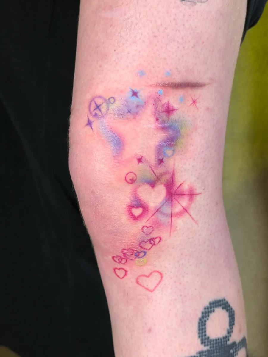 Playful hearts and vibrant sparkles unite here