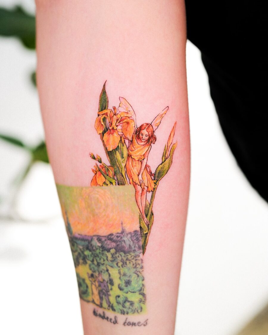 Enchanting fairy surrounded by blooming flowers