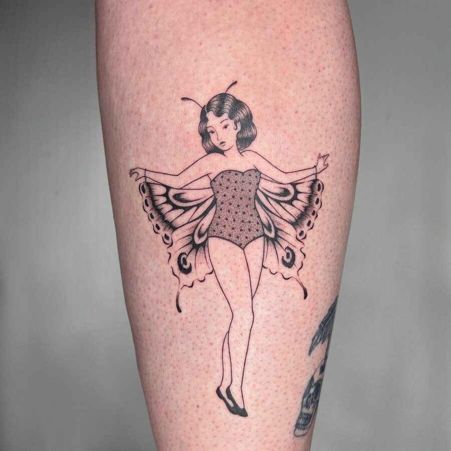 Enchanting fairy with butterfly wings tattoo design