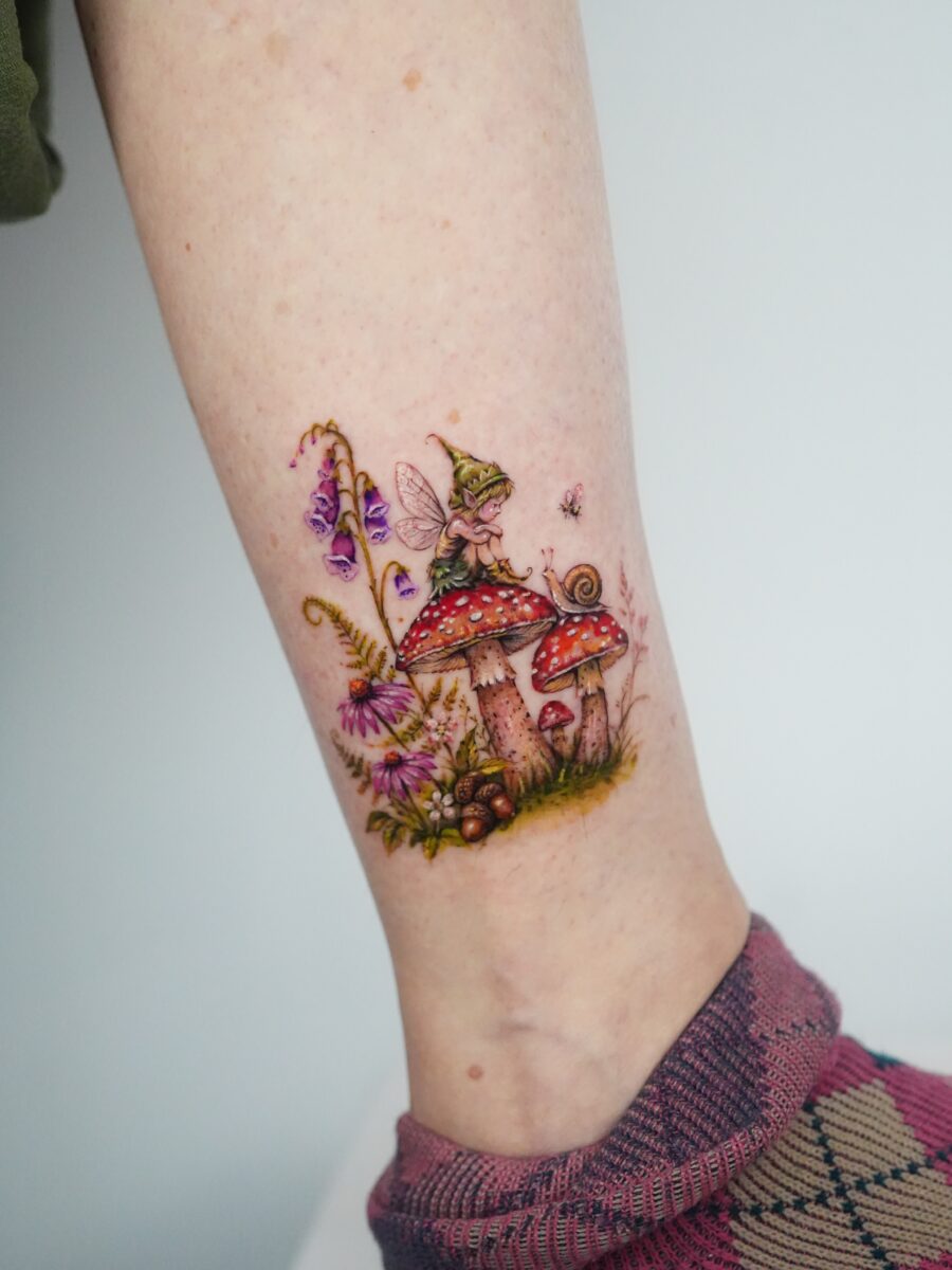 Enchanting fairy atop vibrant mushrooms and flowers