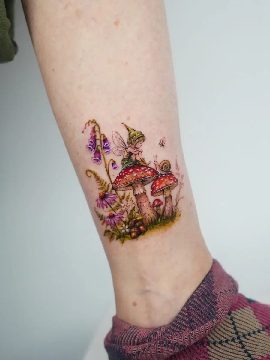 Enchanting fairy atop vibrant mushrooms and flowers