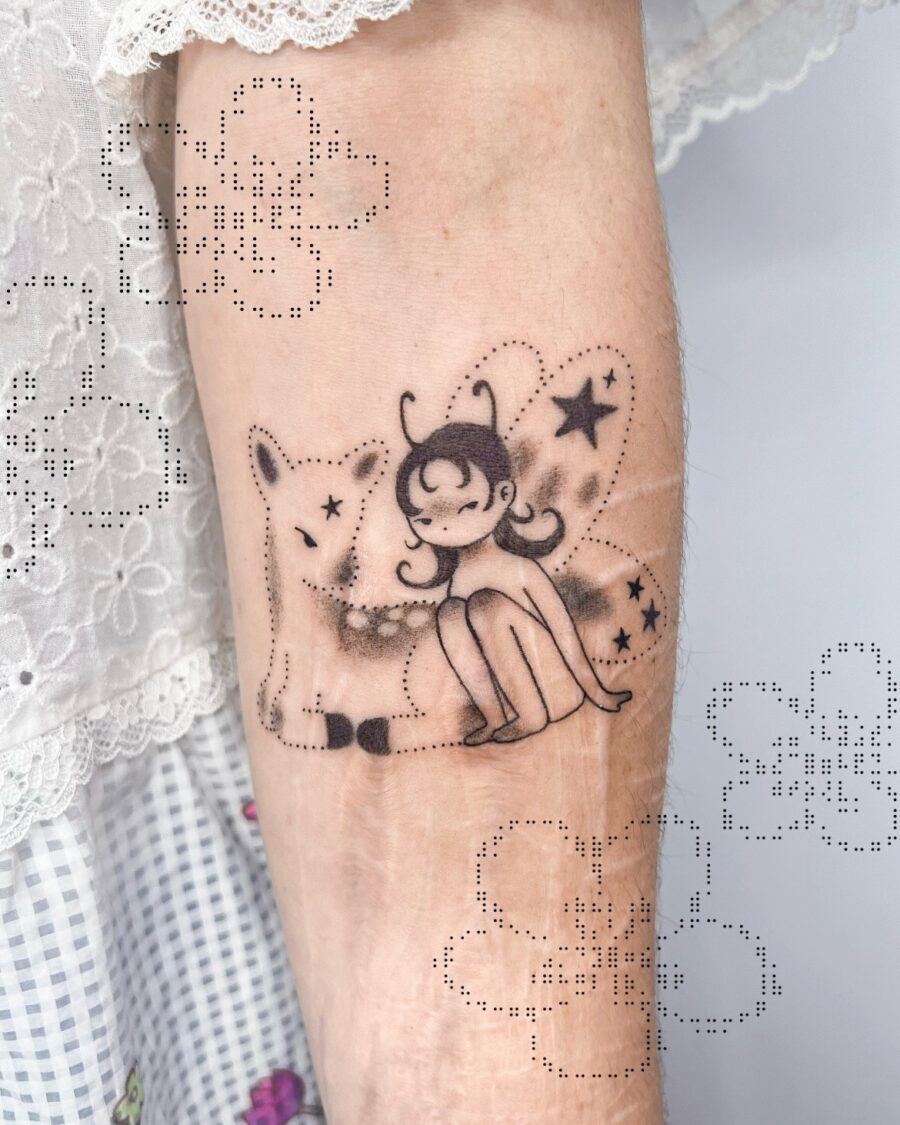 Charming fairy girl with her feline friend