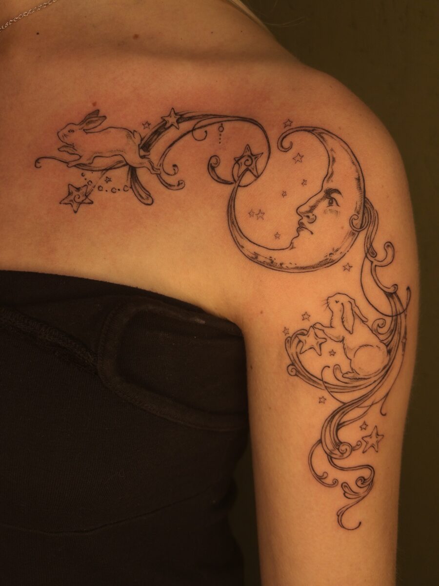 Charming moon and rabbit tattoo design