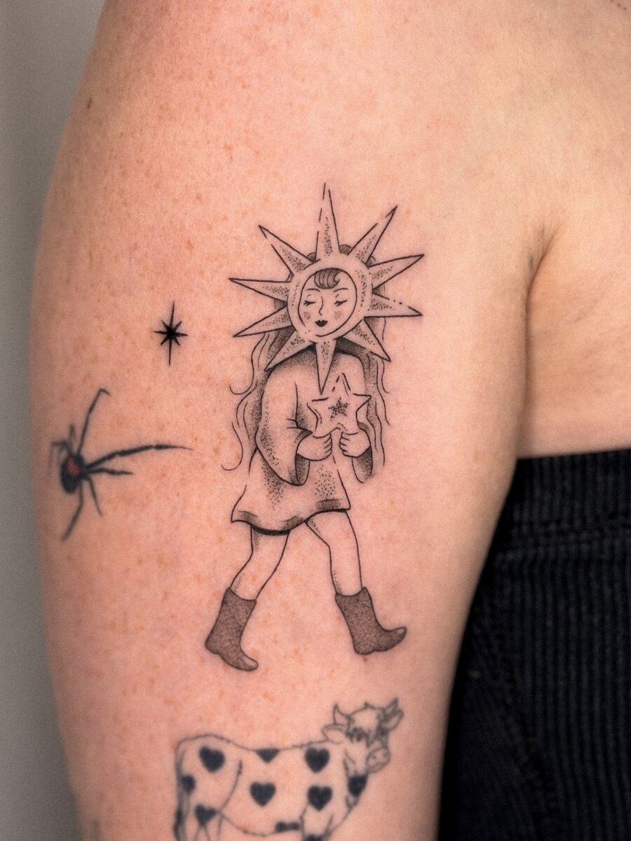 Charming whimsical tattoo of a sunshine girl