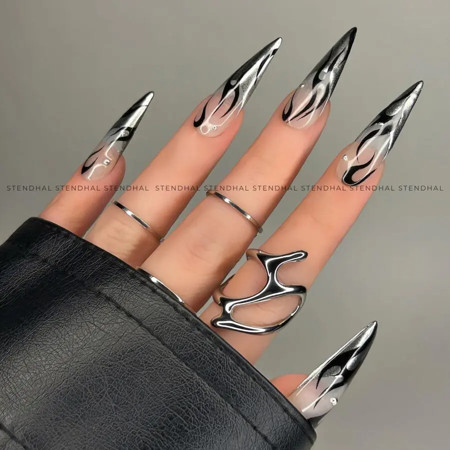 Fierce stiletto nails with flame accents