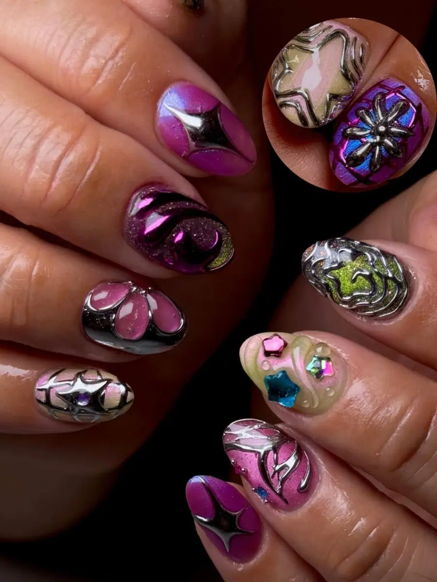 Vibrant y2k nails with playful floral designs.