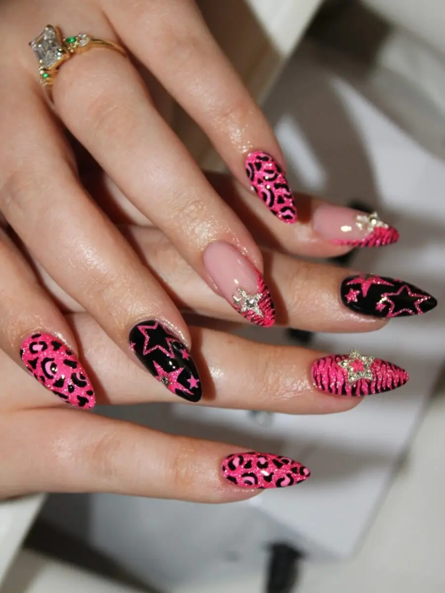 Glamorous Y2K Inspired Pink and Black Nails