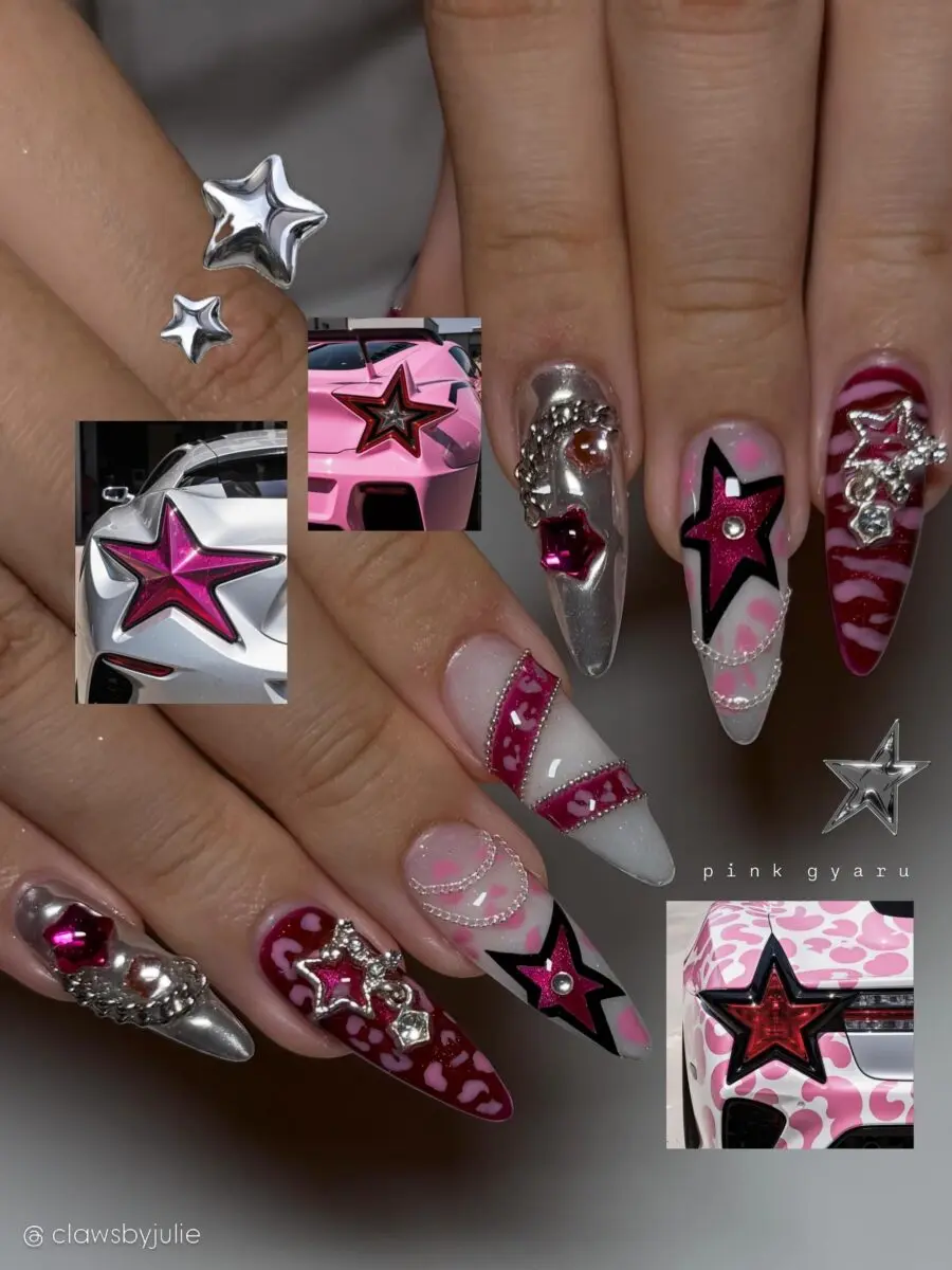 Bold and playful Y2K star-themed nail design