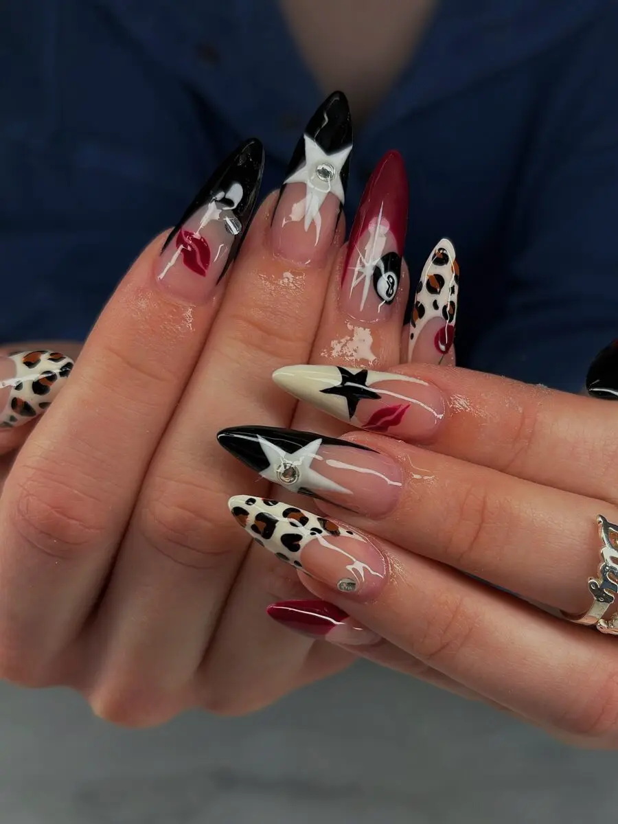 Bold stiletto nails with unique patterns