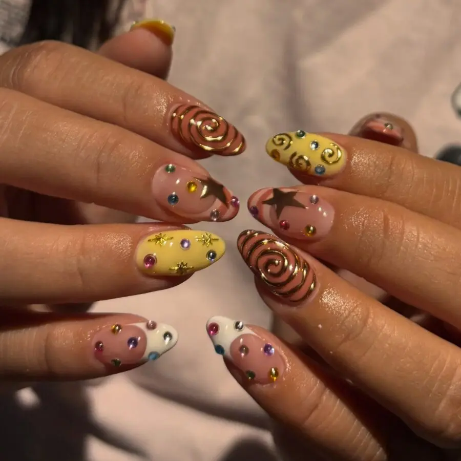 Vibrant Y2K nails with playful designs and colors