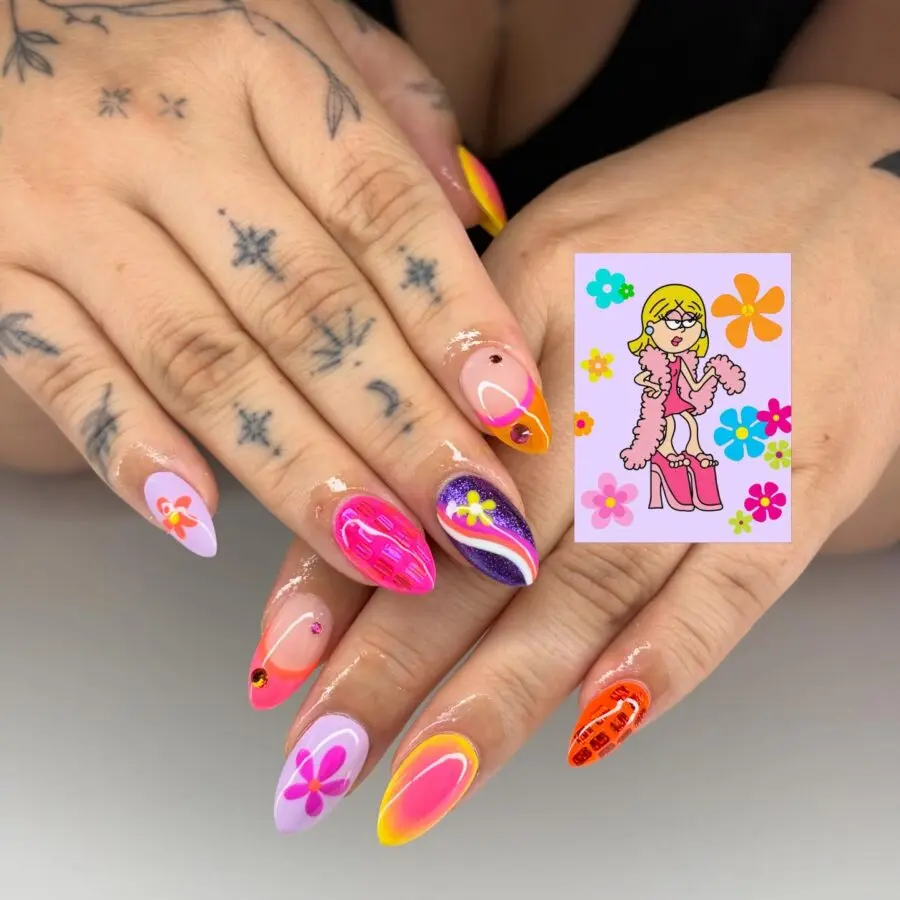 Colorful Y2K nails with floral accents