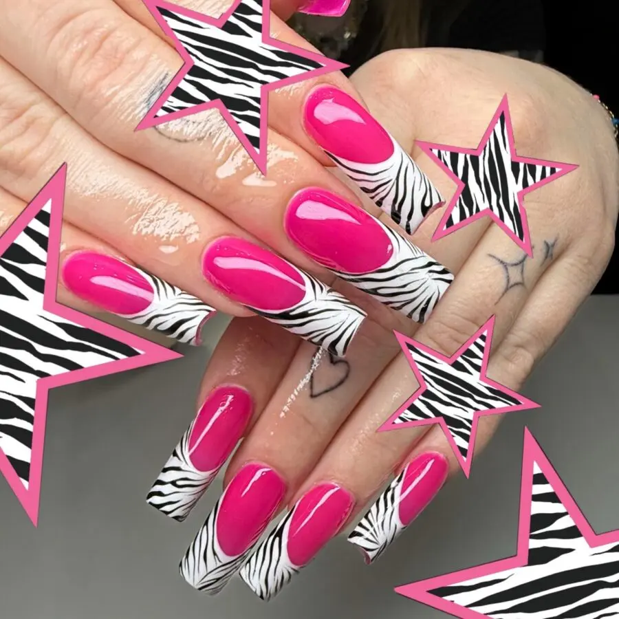 Vibrant Pink Zebra Print Y2K Nail Art