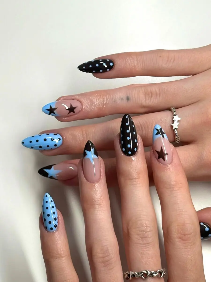 Vibrant Almond Nails with Bold Star Patterns