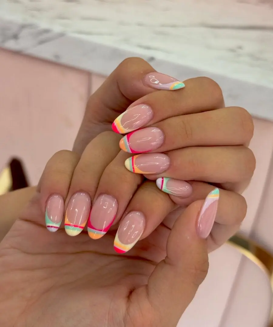 Vibrant Almond Nails with Neon French Tips