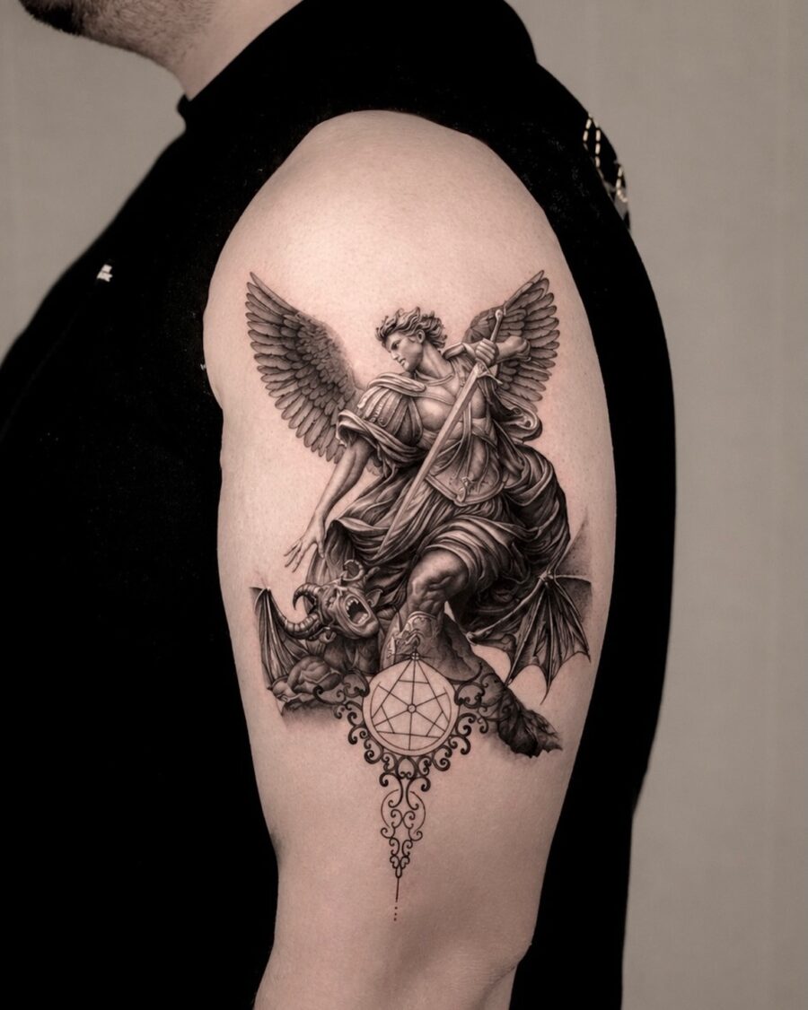 Majestic depiction of Archangel Michael tattoo