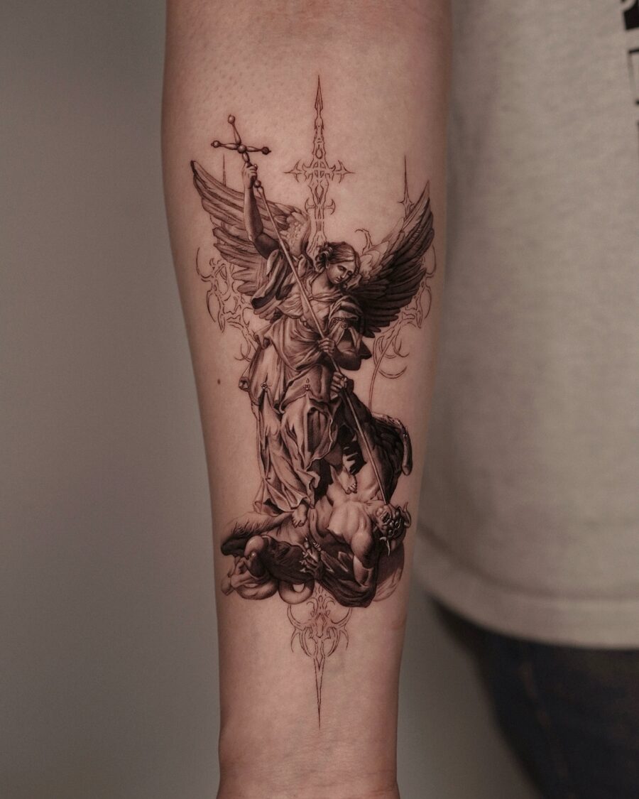 Majestic angel warrior tattoo with intricate details