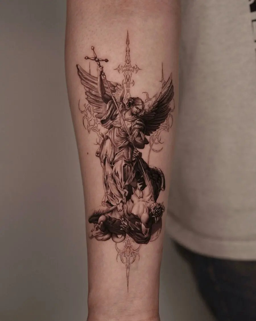 Majestic angel warrior tattoo with intricate details