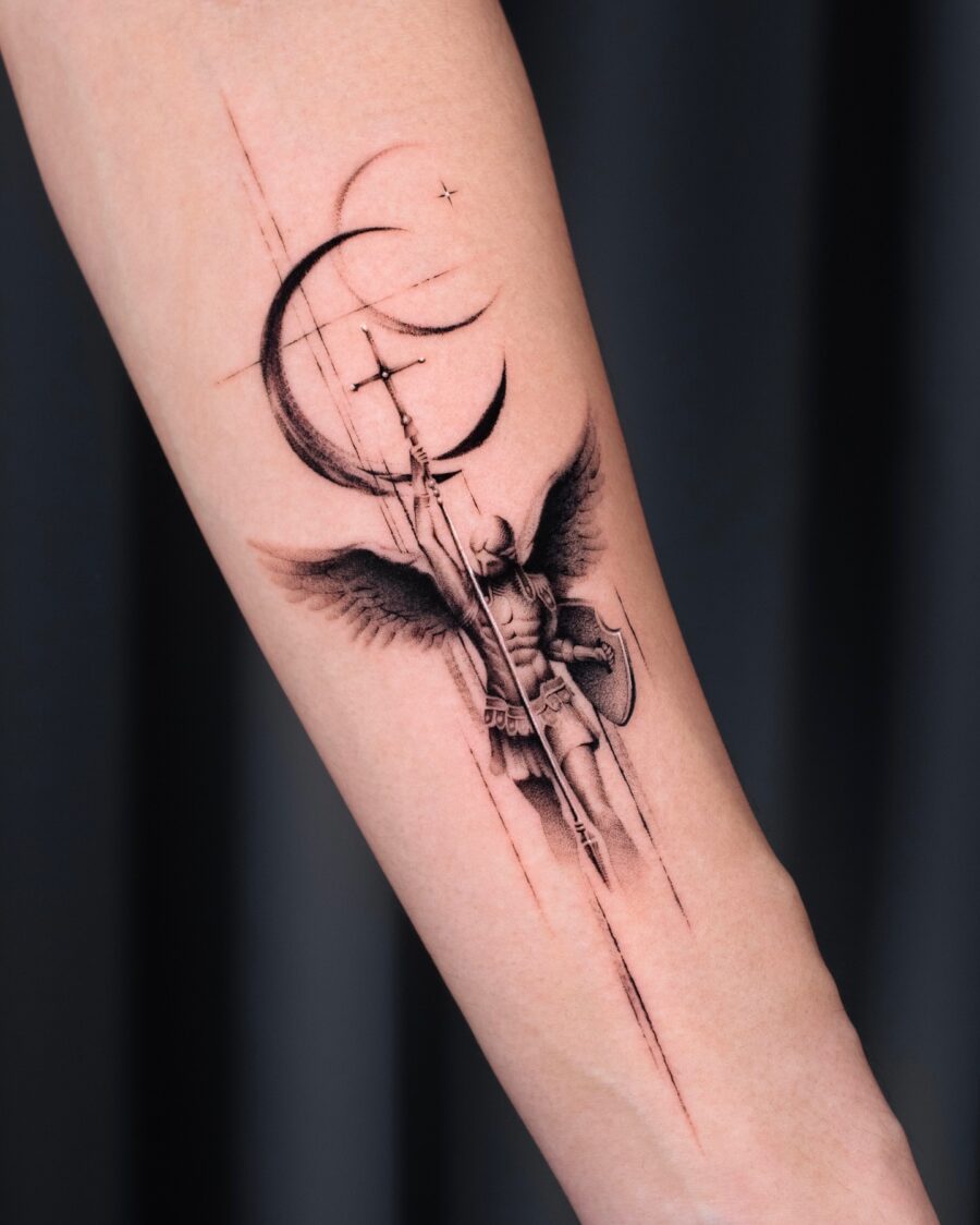 Archangel Michael with celestial elements tattoo