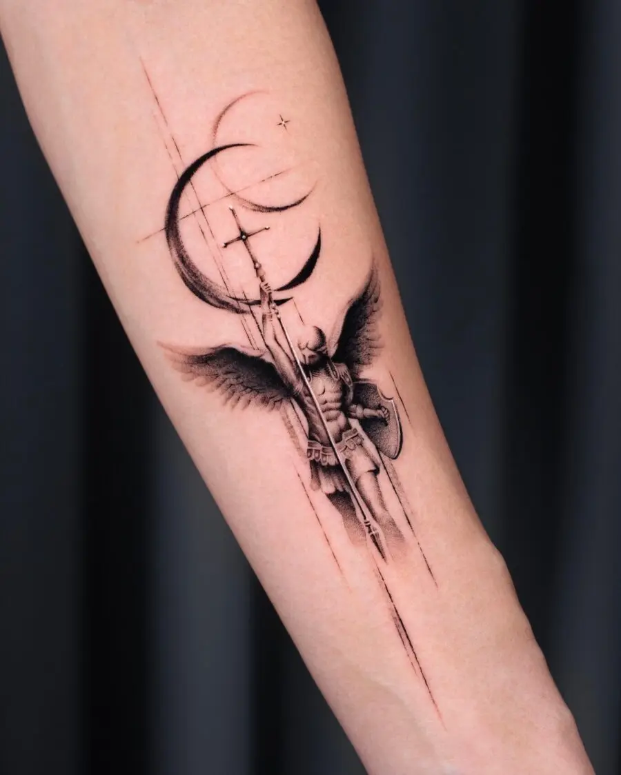 Archangel Michael with celestial elements tattoo