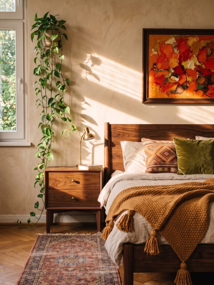 Warm and Inviting Bedroom Decor with Art