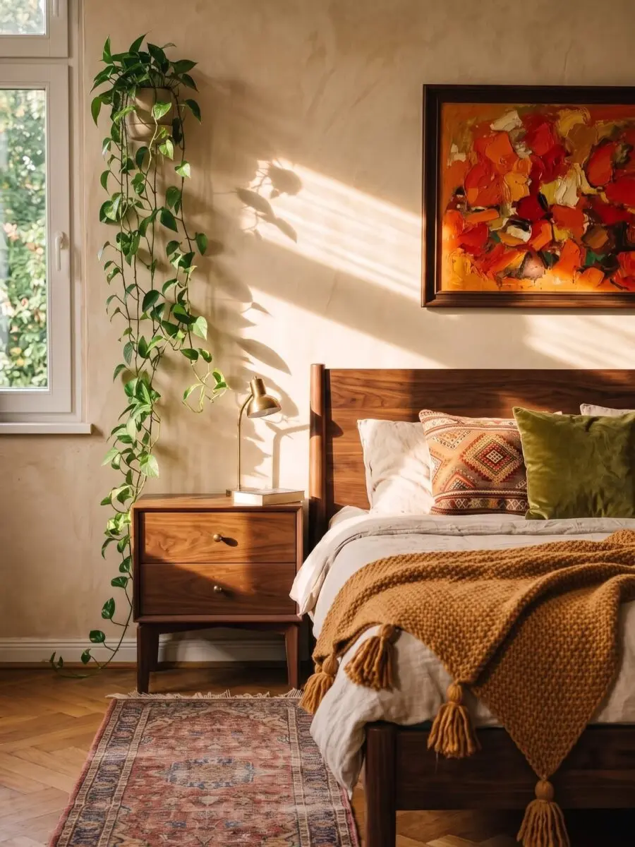 Warm and Inviting Bedroom Decor with Art