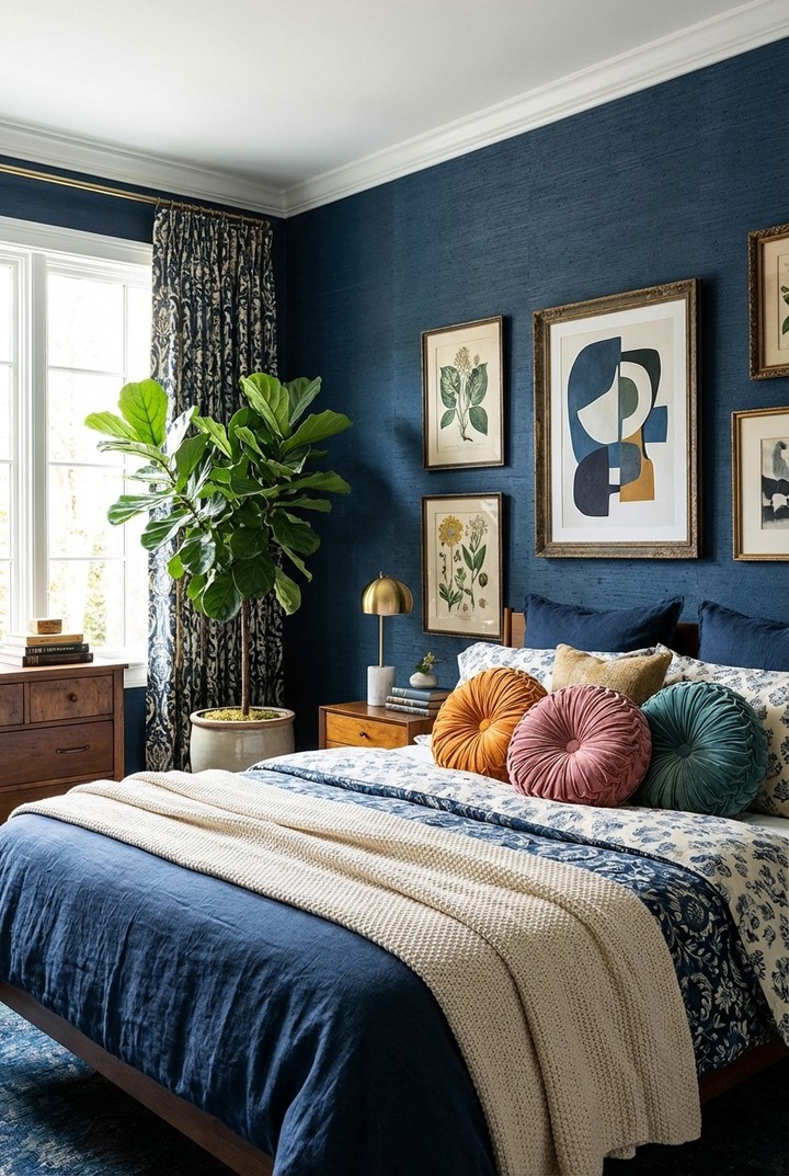 Elegant Bedroom with Navy Blue Accents