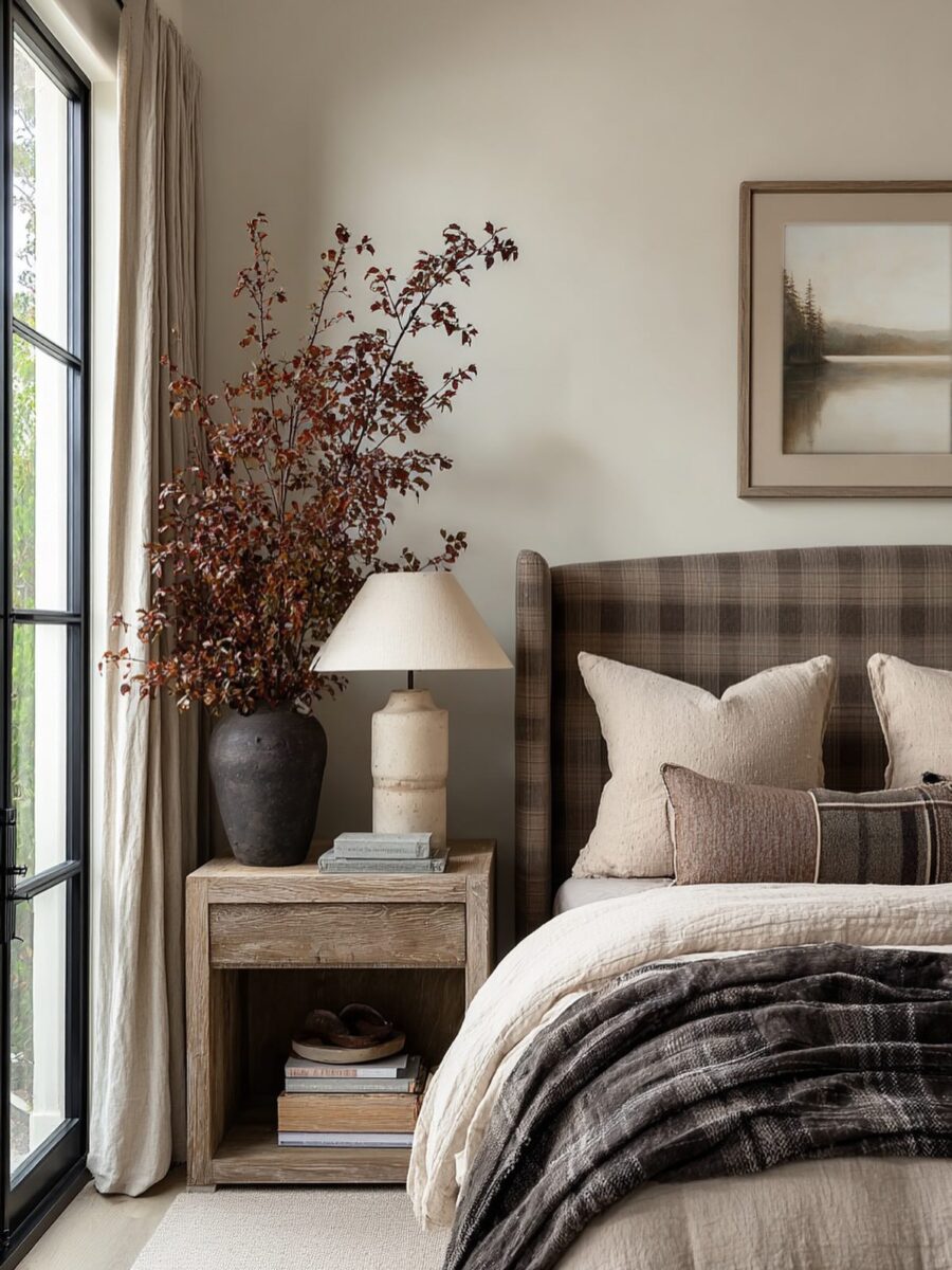 Stylish plaid headboard with natural accents