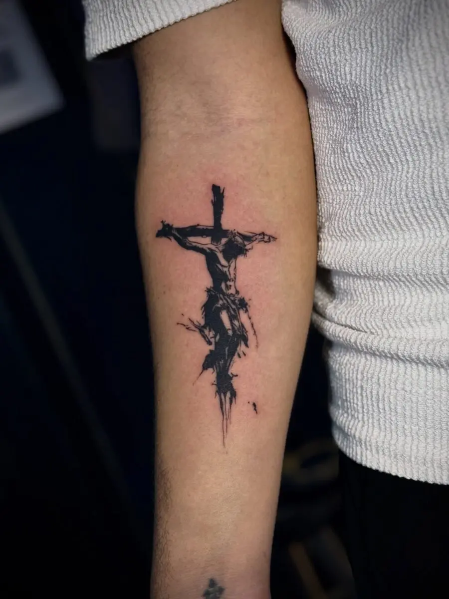 Striking Black and Grey Cross Tattoo Design